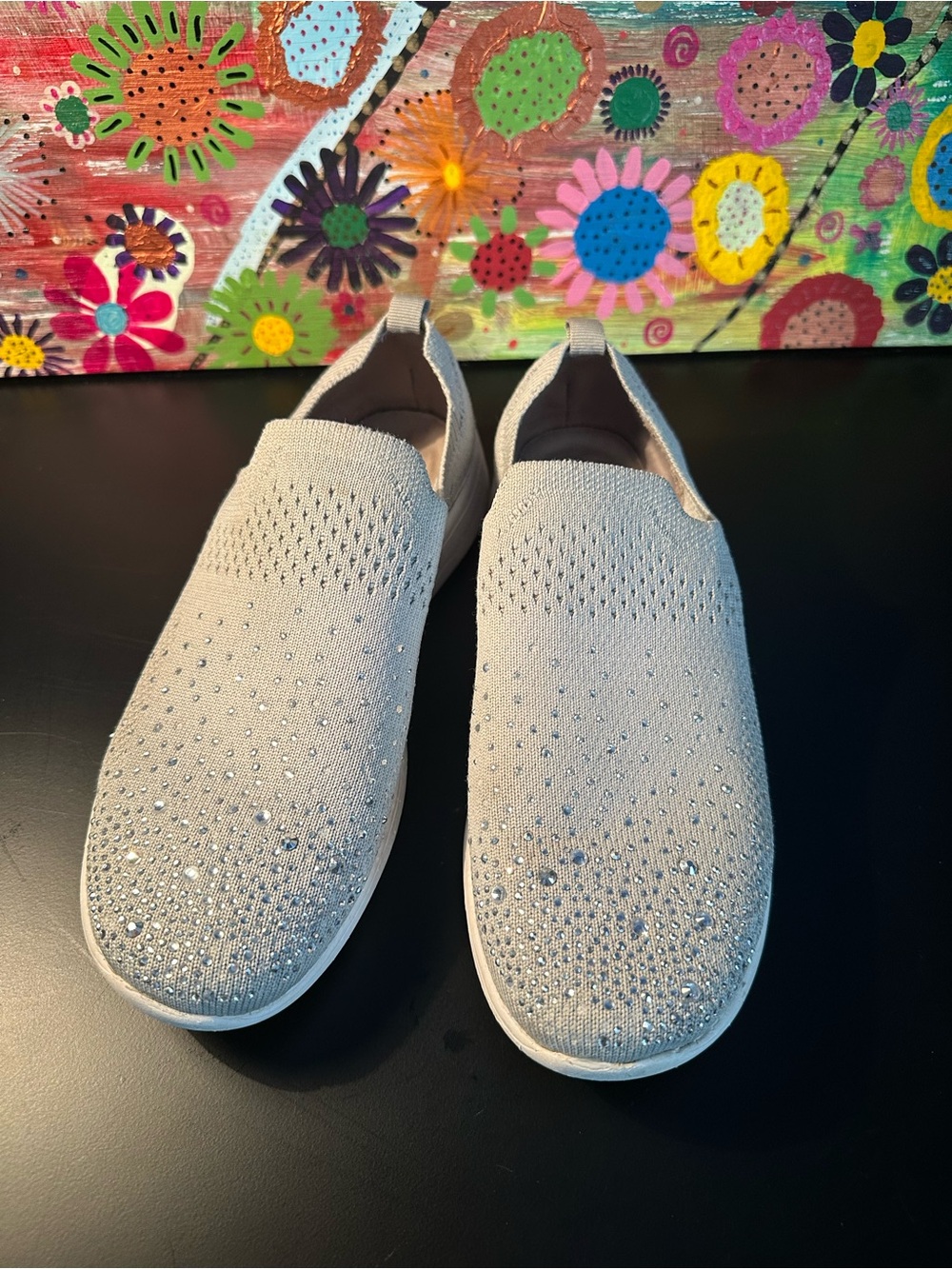 Slip-On Knit Sneakers with Crystal Accents - Cream